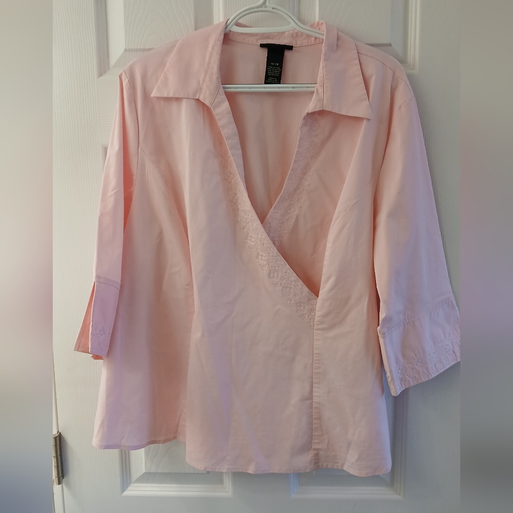 Lane Bryant Plus Size Faux Wrap Embroidered Blouse 18/20 Pink Curve-Flattering